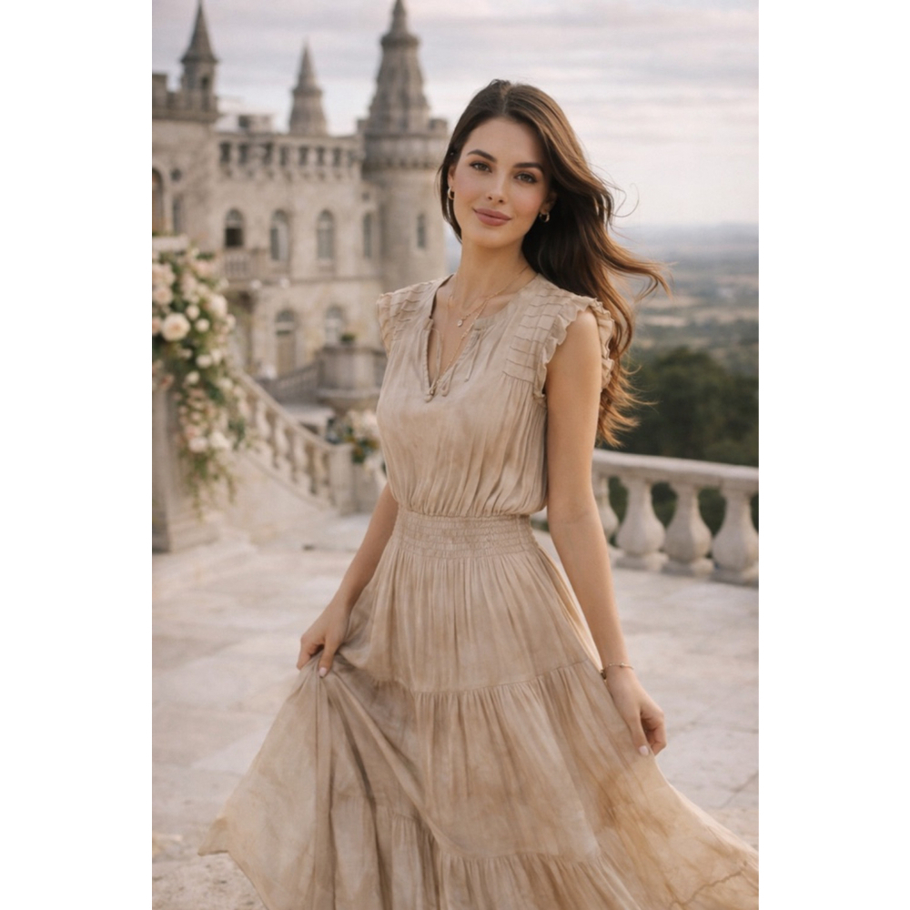 Madison Grey Maxi Dress Marbled Tie Dye Smocked Quiet Luxury‎ Wedding Date Event